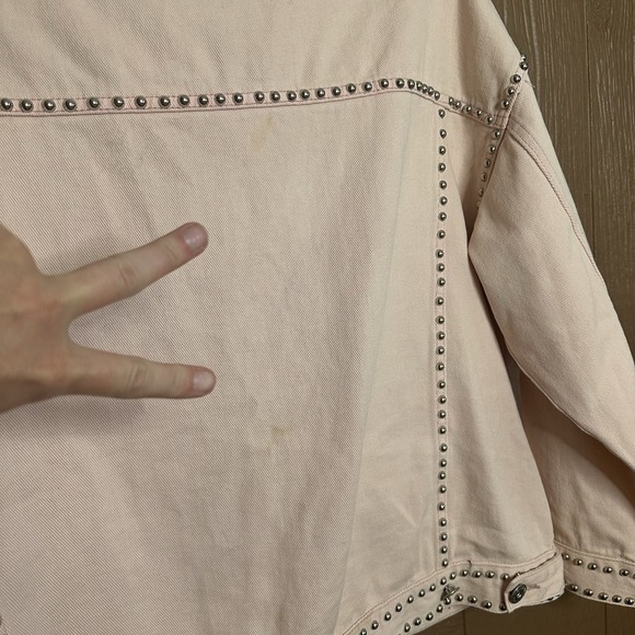 POL Studded Denim Jacket with Silver Rhinestone Trim Detail Light Pink Size S - Picture 7 of 8